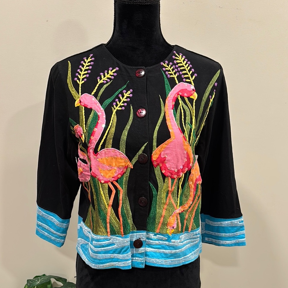 Parsley & Sage Black Cardigan Top with Sequin, Appliqué, Embroidered Flamingos - Picture 1 of 9
